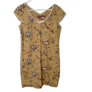 Vintage Trucco Spanish Floral Shift Dress Tan Purple Blue Cap Sleeve Size M